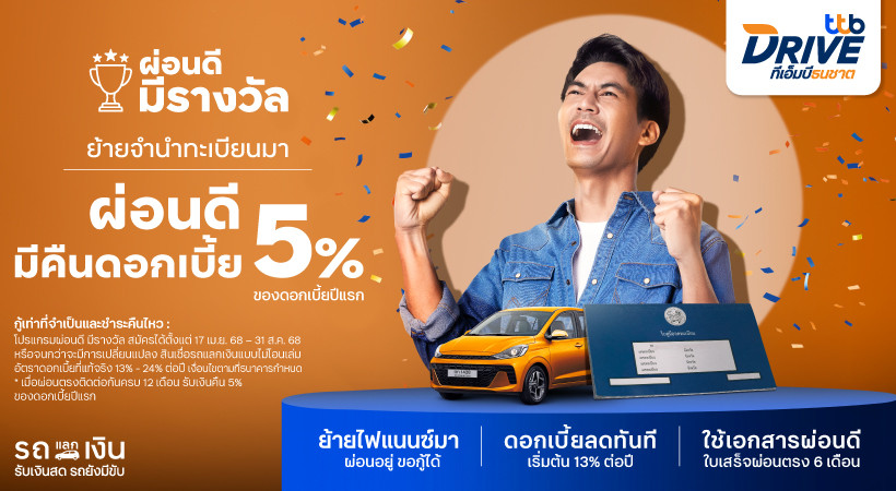 คนผ่อนรถดี ได้เฮ! รีไฟแนนซ์จำนำทะเบียนรถมาทีทีบี ผ่อนดีมีรางวัล รับเงินคืนดอกเบี้ย 5% ของดอกเบี้ยปีแรก