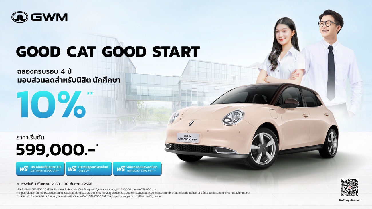 ฉลองครบรอบ 4 ปี GWM ORA Good Cat เอาใจนิสิต นักศึกษา กับรถ EV ในฝันคันแรก  กับแคมเปญ “Good Cat, Good Start” มอบส่วนลดสูงสุด 10%*!