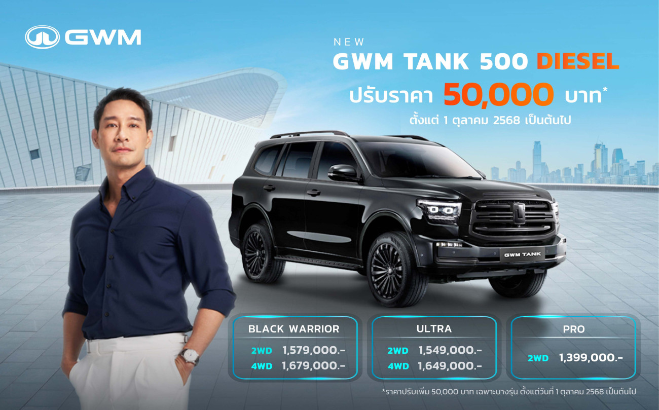 GWM ฉลองความสำเร็จ NEW GWM TANK 500 DIESEL ด้วยยอดจองทะลุกว่า 500 คัน  ประกาศปรับราคารุ่น ULTRA และ ULTRA Black Warrior 50,000 บาท