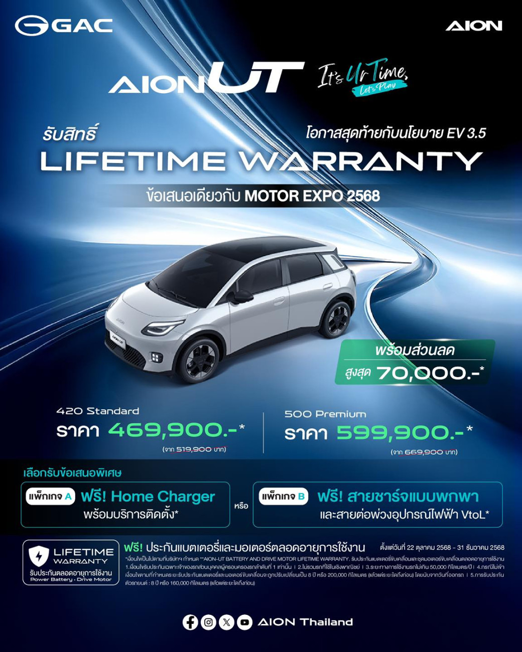 GAC AION Thailand มอบข้อเสนอพิเศษสำหรับ GAC AION UT  พร้อมมอบสิทธิประโยชน์ Lifetime Warranty แบตเตอรี่และชุดมอเตอร์ขับเคลื่อนไฟฟ้า