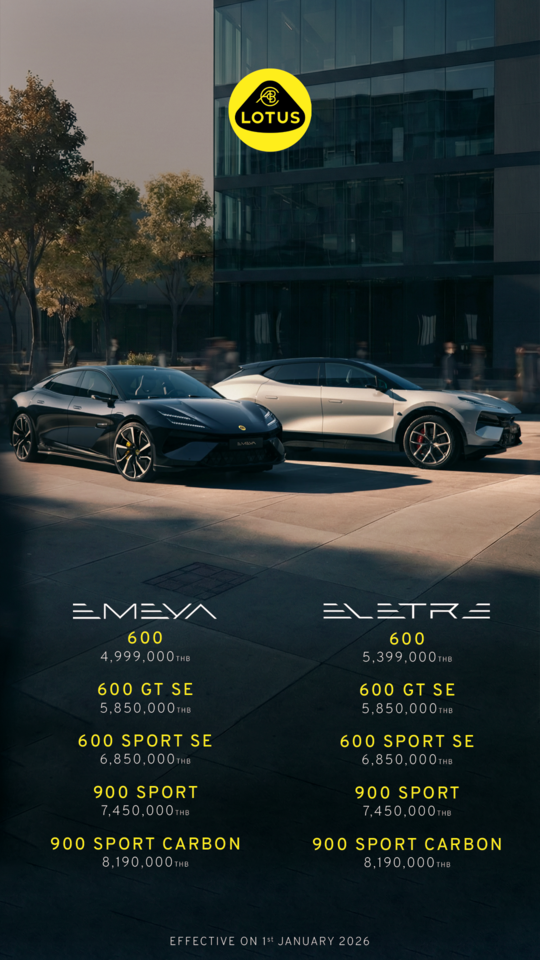 โลตัส คาร์ ประเทศไทย ประกาศปรับราคาใหม่ตามอัตราภาษี 2569 รองรับตลาดรถยนต์ไฟฟ้าพรีเมียม