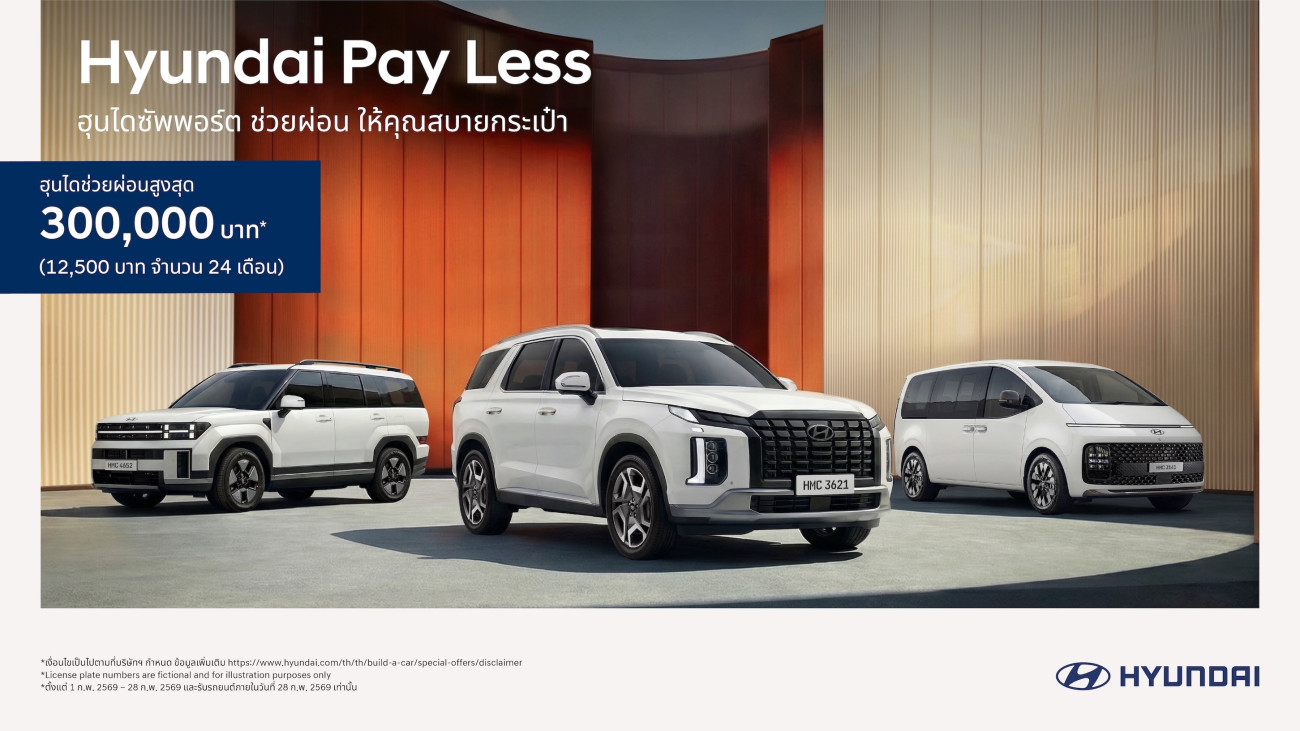 เกาหลีสายซัป! ฮุนได เคียงข้างคนไทย ส่งแคมเปญดีต่อใจ “Hyundai Pay Less”  มอบข้อเสนอช่วยผ่อนสูงสุด 300,000 บาท หรือเดือนละ 12,500  บาท นาน 24 เดือน!