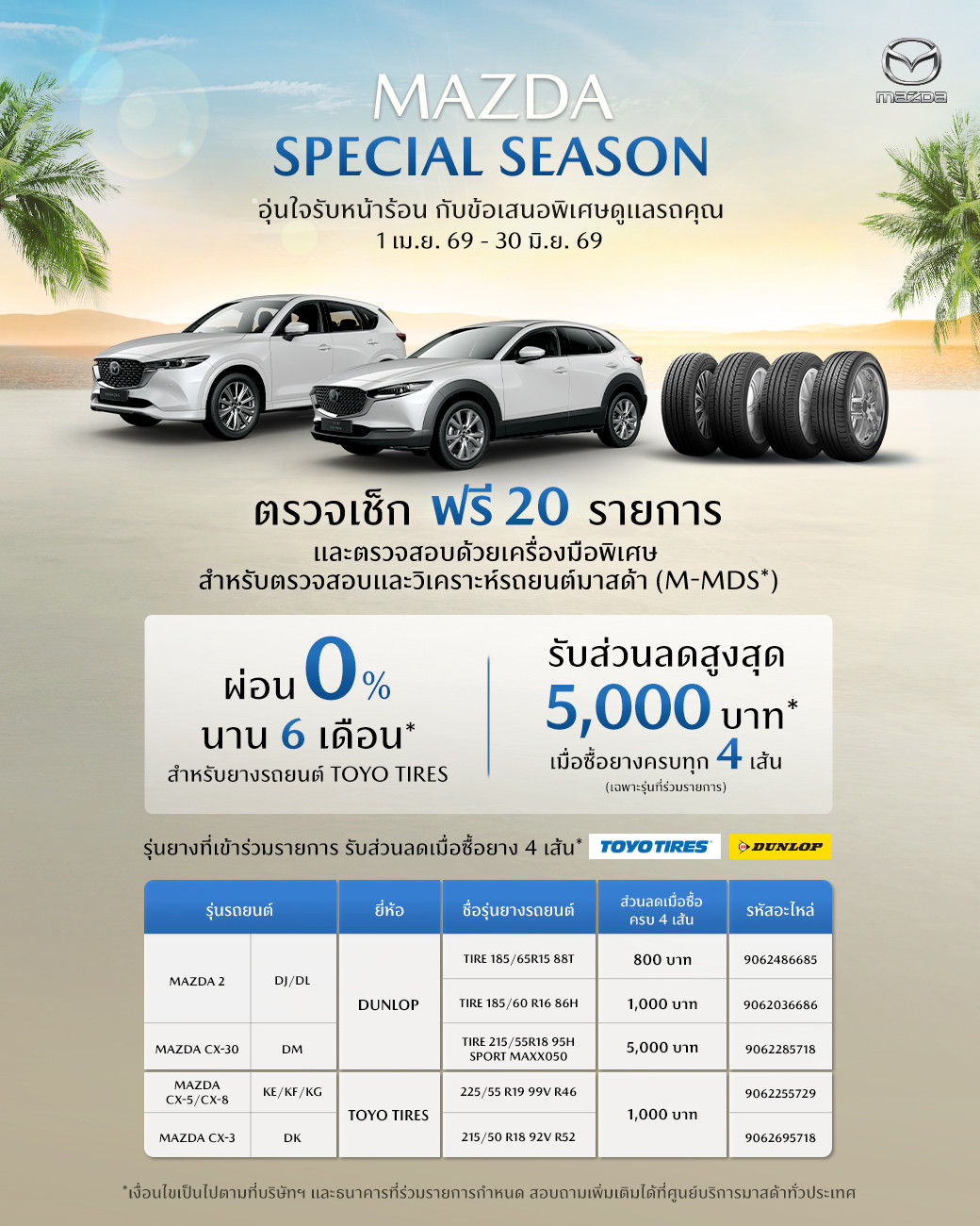 มาสด้าห่วงใยชวนลูกค้าตรวจเช็กรถฟรี 20 รายการ ทุกโชว์รูมทั่วประเทศ พร้อมมอบข้อเสนอผ่อน 0% สำหรับงานซ่อม และเมื่อเปลี่ยนยางใหม่