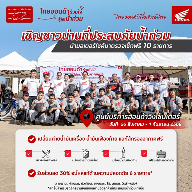 ไทยฮอนด้า ร่วมบรรเทาความเดือดร้อนผู้ประสบภัยน้ำท่วม จ.น่าน ดูแลรถจักรยานยนต์ที่ได้รับความเสียหาย พร้อมช่วยเหลือด้วยถุงยังชีพ 600 ถุง