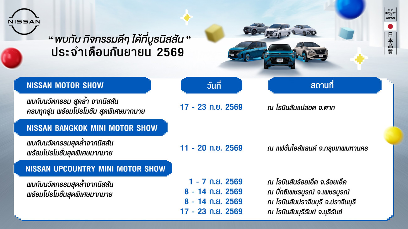 กิจกรรมนิสสันโรดโชว์ทั่วประเทศประจำเดือนกันยายน 2569