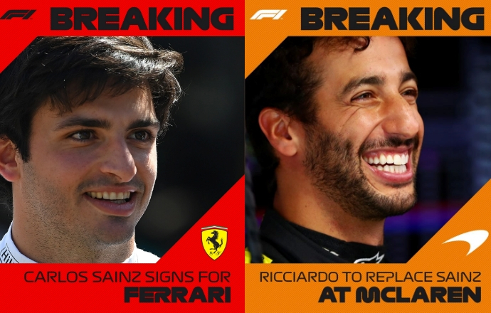 ยืนยันแล้ว...Carlos Sainz ย้ายไป Ferrari ส่วน McLaren ได้ Daniel Ricciardo มาขับให้แทนในปี 2021