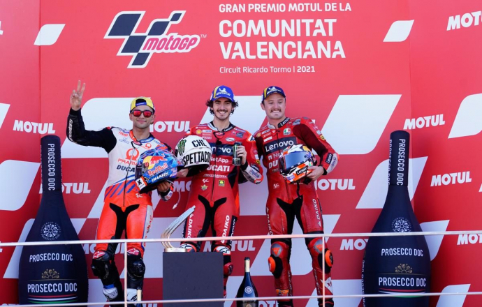 Ducati เหมาโพเดียม...Bagnaia-Martin-Miller ขี่ดูคาติเรียงหน้าขึ้นโพเดียมศึก MotoGP 2021 สนามสุดท้ายที่บาเลนเซีย