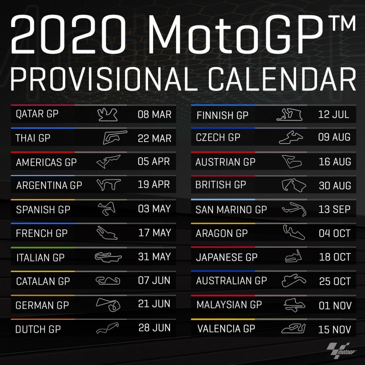 ประกาศผังการแข่งขัน MotoGP ฤดูกาล 2020 แล้ว ไทยถูกเปลี่ยนมาเป็นสนามที่ 2 เดือนมีนาคมแทน 